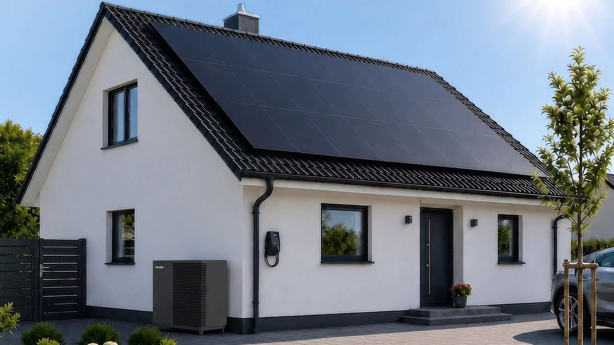 Einfamilienhaus mit vollflächiger Photovoltaikanlage auf dem Dach, Wärmepumpe an der Hauswand und Wallbox neben der Eingangstür